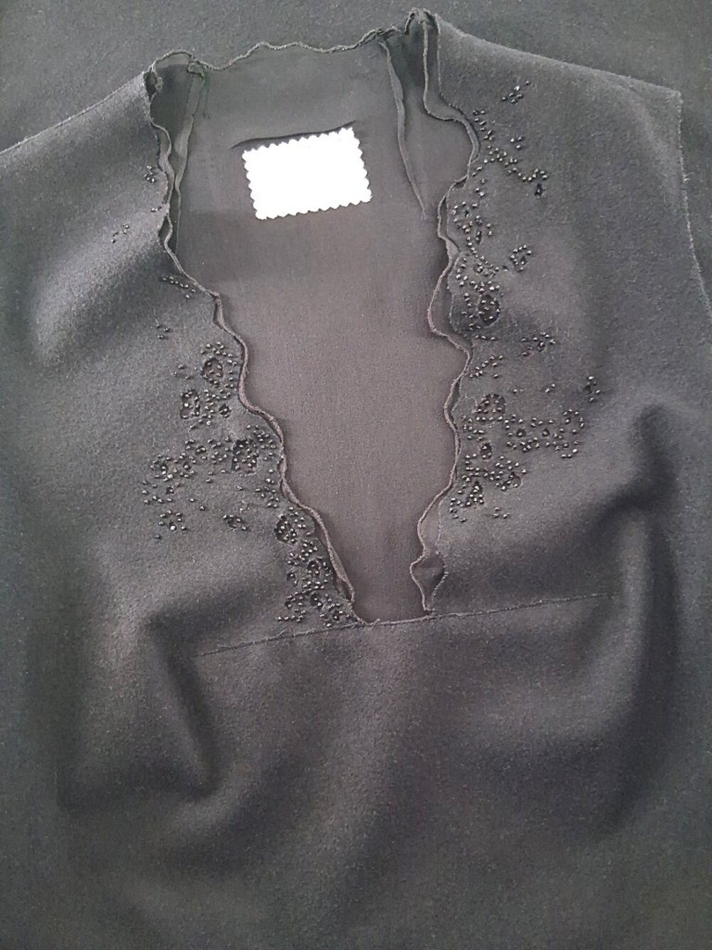 GARY GRAHAM Black Wool Beaded Cutout Dress Silk Inset Deep V Sleeveless SZ 8 - Picture 10 of 14